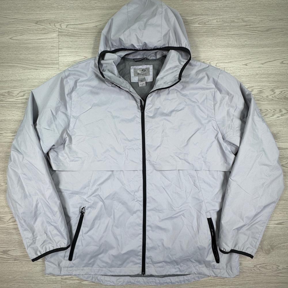 Champion‎ Mens Windbreaker Jacket Grey XXL Hooded Mesh Lined Full Zip Activewear